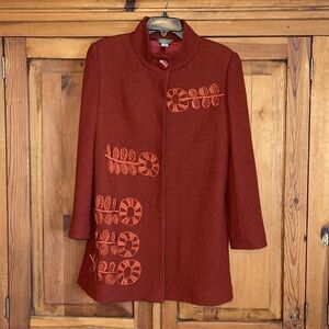 COPY - Shar Queu Rust Orange WOOL w/ embroidered Floral Over Coat Sz. MD.